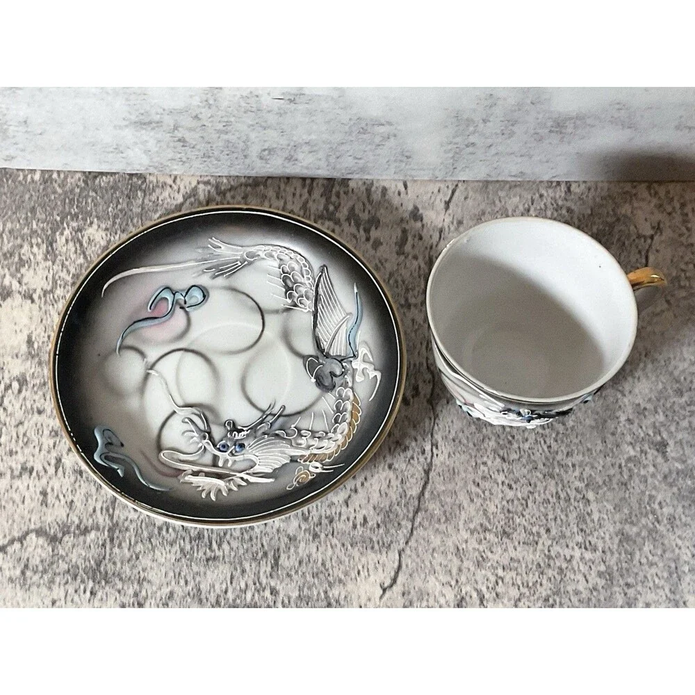 Antique Bone Moriage Raise Oriental Dragon Ware Decorative Espresso Cup & Saucer